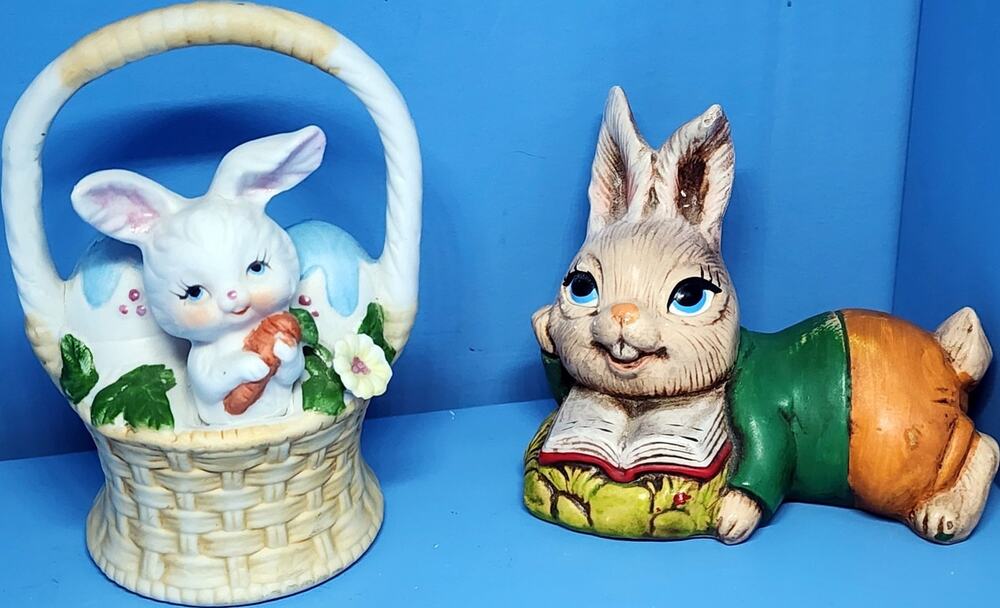2 Vintage Japan Ceramic Bunny Rabbit Figurine Set One Reading & Other In Basket